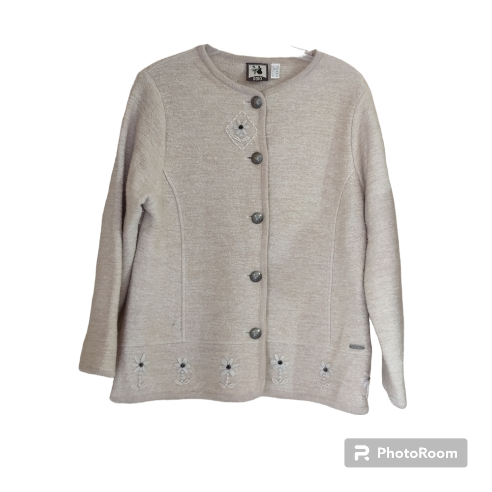 Solo Flower Daisy Embroidered Beige Button Cardigan Wool Linen Sweater EU 48 XL